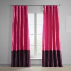 Best Pirce 🛒 Exclusive Fabrics Banded Faux Silk Taffeta & Plush Velvet Curtain (1 Panel) Fuchsia Rose & Winter Plum 🔥