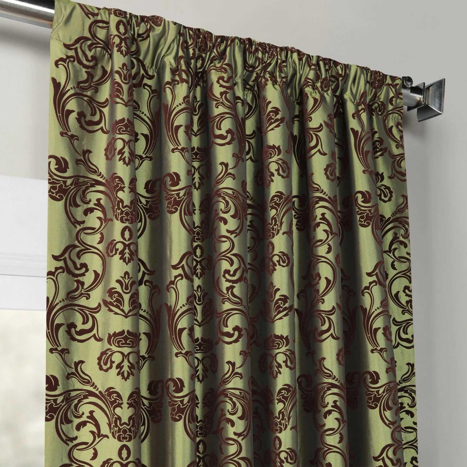 Brand new 😀 Exclusive Fabrics Firenze Fern Flocked Faux Silk Curtain (1 Panel) Firenze Green & Brown ❤️ 5 Brand new 😀 Exclusive Fabrics Firenze Fern Flocked Faux Silk Curtain (1 Panel) Firenze Green & Brown ❤️ - Image 3