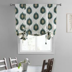 Promo ❤️ Exclusive Fabrics Mayan Printed Cotton Tie-Up Window Shade - 46 X 63 Mayan Teal 🎁 -Exclusive Fabrics SHOP Exclusive Fabrics Mayan Printed Cotton Tie Up Window Shade 2