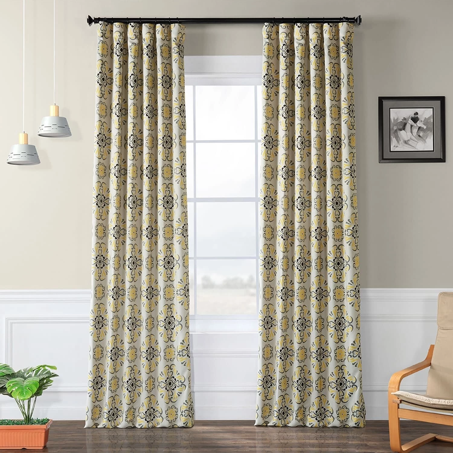 Coupon 🤩 Exclusive Fabrics Soliel Yellow/ Grey Damask Room Darkening Curtain Panel Pair (2 Panels) 🤩 3 Coupon 🤩 Exclusive Fabrics Soliel Yellow/ Grey Damask Room Darkening Curtain Panel Pair (2 Panels) 🤩