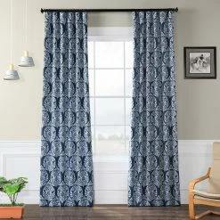 Coupon 🥰 Exclusive Fabrics Woodcut Room Darkening Curtain Panel Pair (2 Panels) Woodcut Blue 🔔